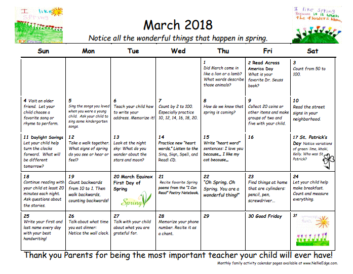 cal4 kindergarten: family learning calendars