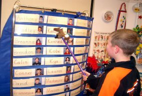 A Name/Picture Pocket Chart invites children to practice quick recall of names.