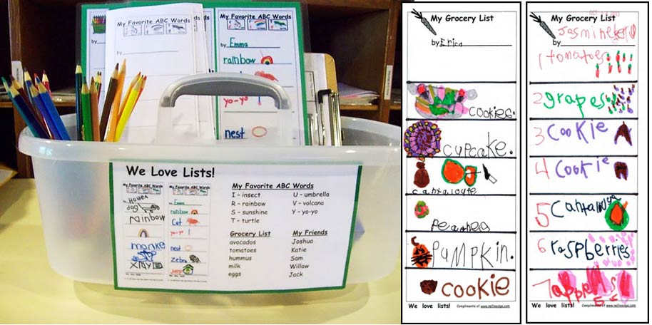 Children use labeled photos to make their own real world grocery lists!