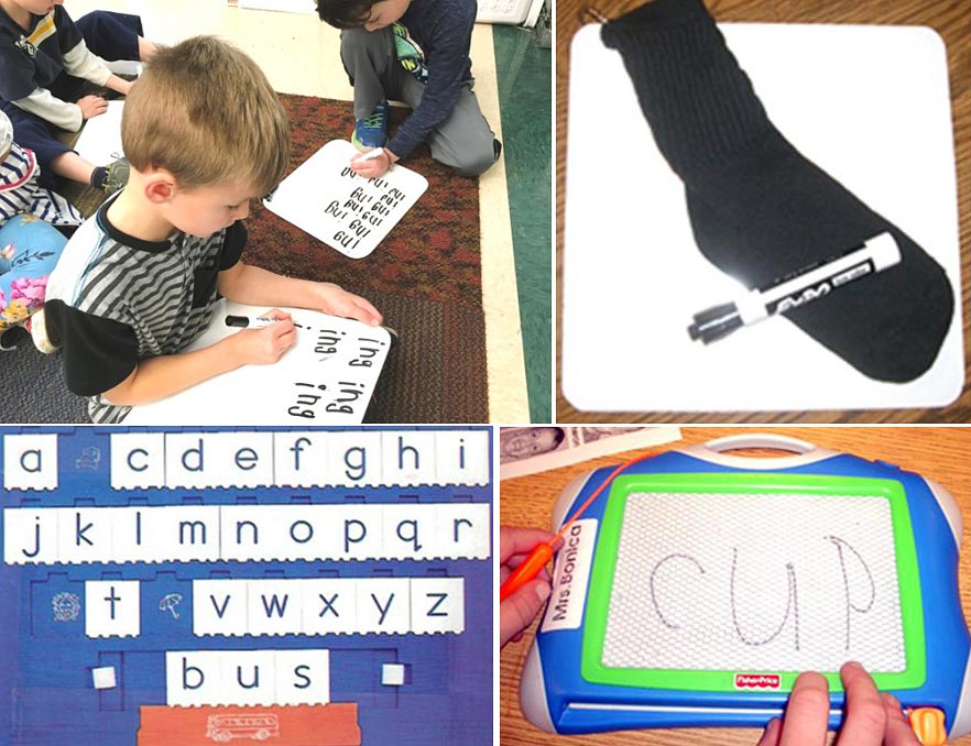use white boards to provide whole group practice encoding CVC words