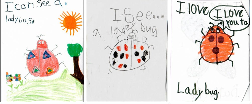 Encourage students to draw and write with details: Notice environments, ellipses, ladybug’s eyelashes… “I love you, too.” The more children write, the better they write. Prepare to be delighted!