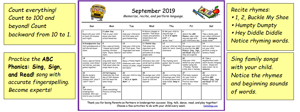 Family Learning Calendar - Kindergarten Classroom - Nellie Edge