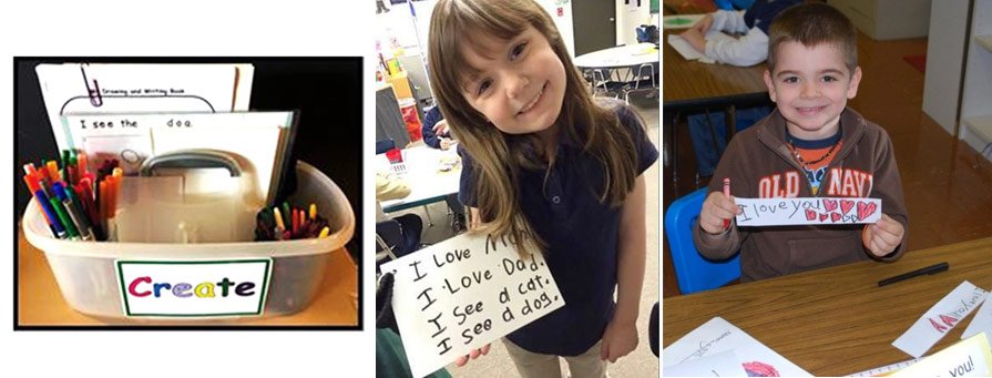 Encourage families to set up a simple writing and drawing tote at home.